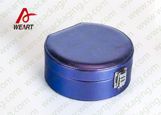 Boîte cadeau cosmétique bleue ronde avec bouton métallique, emballage cosmétique en carton à l' intérieur en velours noir